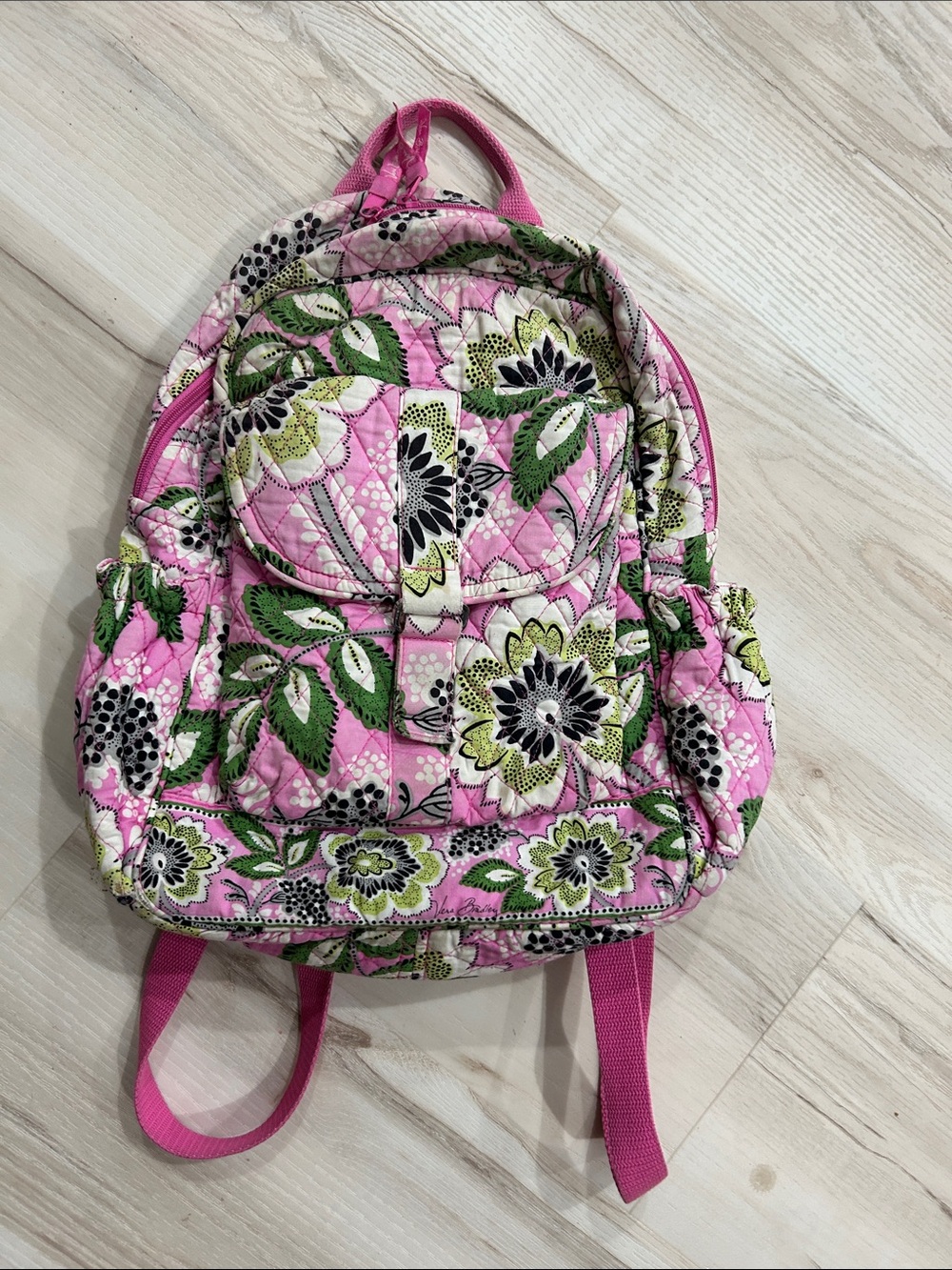 Vera Bradley Pink Floral Quilted Backpack with Green Accents